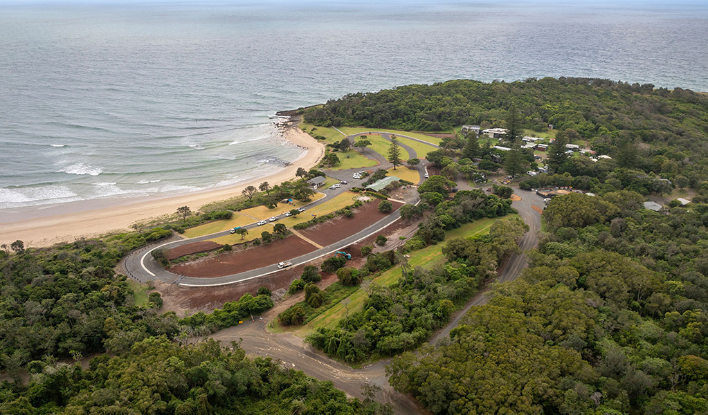 Aerial view of the bushland and beach at Point Plomer campground. Credit: John Spencer &copy; DCCEEW