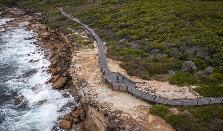 Aerial of walkers on the Boora Point walking  track platform. Photo: John Spencer &copy; DPE