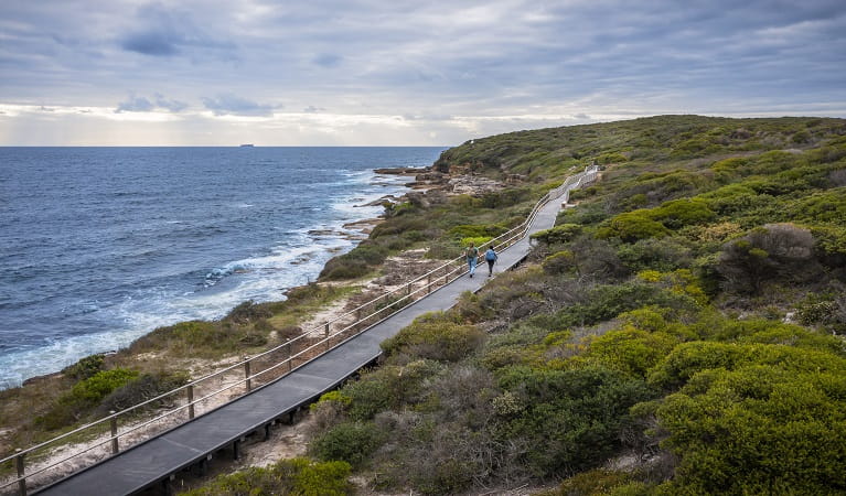Aerial of walkers on Boora Point walking  track. Photo: John Spencer &copy; DPE