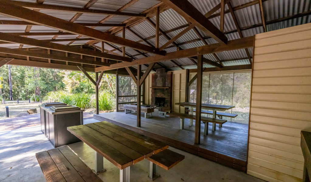 Covered shelter with barbecues and picnic tables at Cutters Camp campground. Credit: John Spencer &copy; DPE 