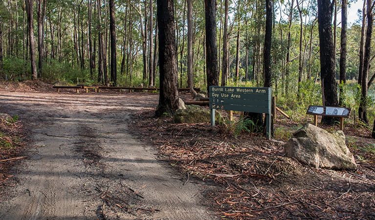 Sign for Burrill Lake Western Arm picnic area, next to an unpaved track leading to a parking area. Photo: Michael Van Ewijk/DPIE