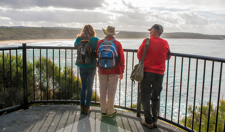 Bushwalkers looking along the coastline at Meroo Head Lookout, Meroo National Park. Photo: Michael van Ewijk &copy; OEH