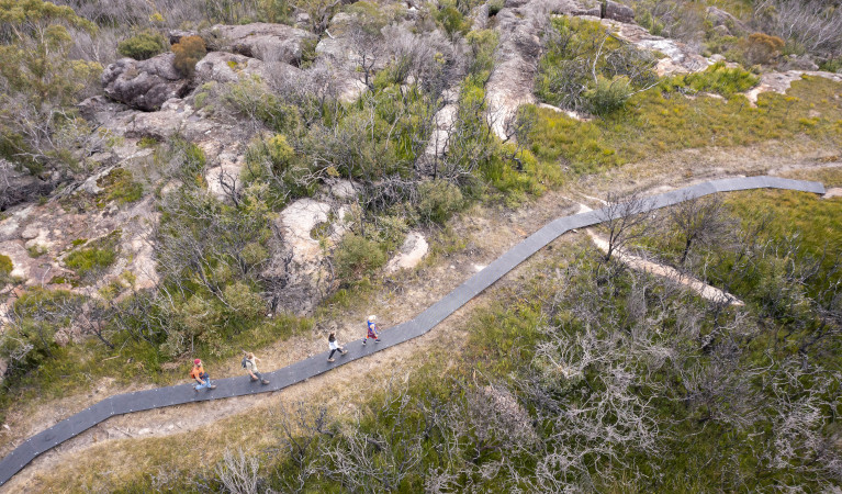 An aerial view of people walking through bushland on the Mount Bushwalker walking track in Morton National Park. Photo: John Spencer &copy; DPE