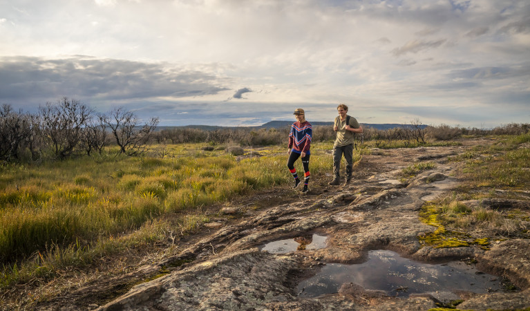 Two hikers make their way along the Mount Bushwalker walking track. Photo: John Spencer &copy; DPE