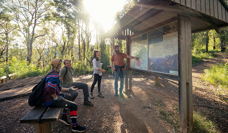 People looking at the interpretive signage, Pigeon House Mountain Didthul picnic area, Morton National Park. Photo credit: John Spencer &copy; DPIE