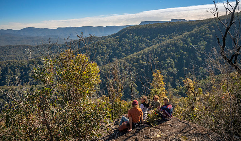 People on a lookout, Pigeon House Mountain Didthul walking track, Morton National Park. Photo credit: John Spencer &copy; DPIE