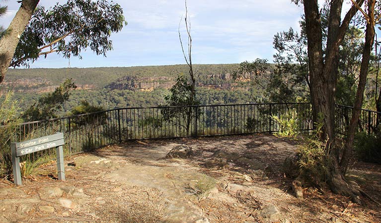Fenced lookout area, with view across canyon to rugged cliff faces and forest-clad wilderness. Photo: John Yurasek/DPIE