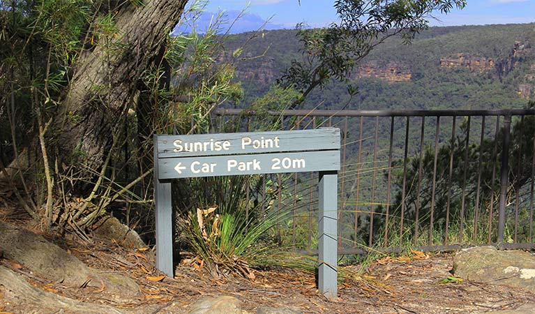 Park sign for Sunrise Point and its car park, with metal fencing and canyon vista in the background. Photo: John Yurasek/DPIE