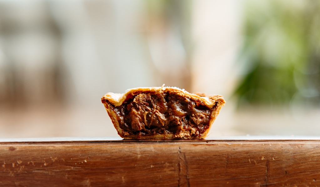 A mouth-watering meat pie from The Burrow Cafe, Morton National Park. Credit and &copy;: Lily Crouch
