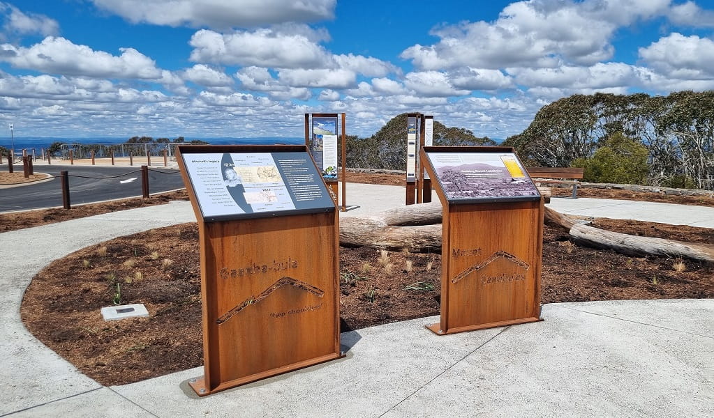 Two timber structures with information about Summit lookout in the lookout area, Mount Canobolas State Conservation Area. Photo credit: Jen Dodson. &copy; Jen Dodson.