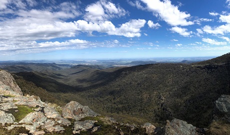 Sweeping vista of rocky ridges and forest-clad mountains and valleys. Photo &copy; Jessica Stokes