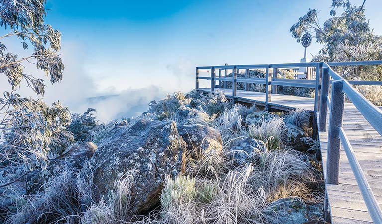 Dusting of light snow around Mount Kaputar Summit lookout. Photo: Simone Cottrell/OEH
