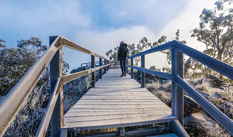 A female tourist walks along the timber walkway leading to Mount Kaputar Summit lookout