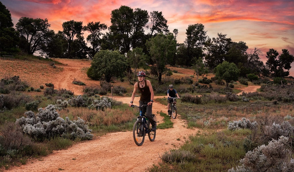 Two cyclists ride the Mungo lakebed loop trail at sunset in Mungo National Park. Photo: Aaron Davenport/DPE