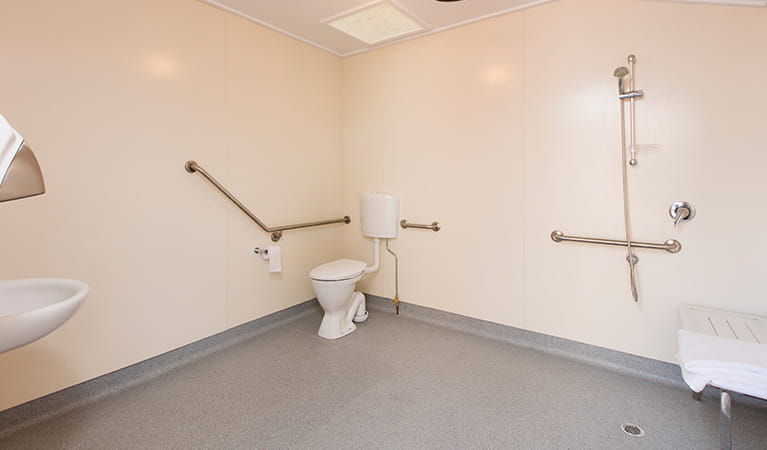 Interior of accessible bathroom at Mungo Shearers' Quarters accommodation. Photo: Vision House Photography/OEH