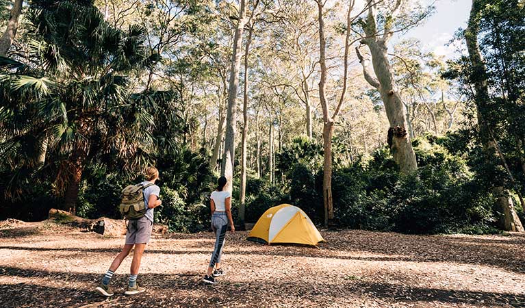 A couple walk to their tent at Depot Beach campground, Murramarang National Park. Photo: Melissa Findley/OEH.