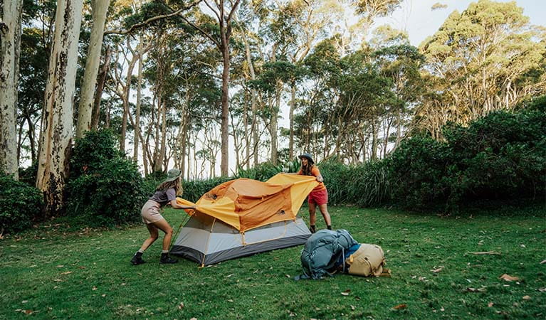 2 campers setting up their tent on grass at Depot Beach campground, Murramarang National Park. Credit: Remy Brand &copy; Remy Brand