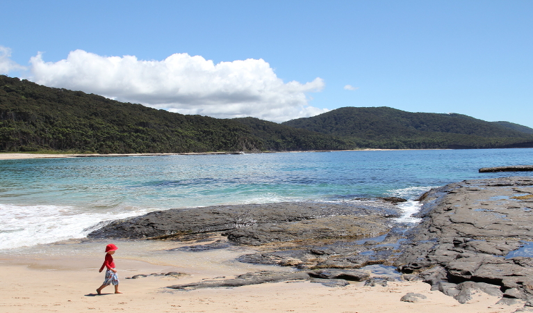 Child walking along Depot Beach in Murramarang National Park. Photo: John Yurasek/DPIE