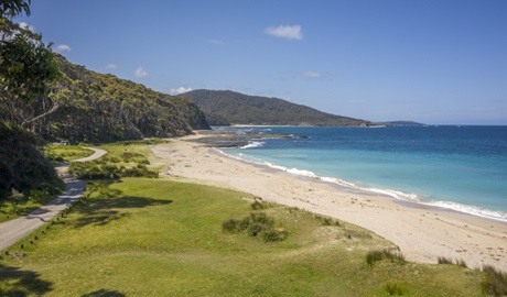 View of the coastline at Depot Beach, Murramarang National Park. Photo credit: John Spencer &copy; DPIE