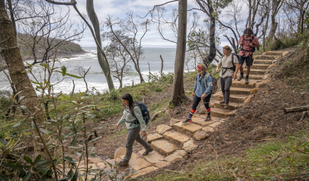 4 bushwalkers walking on stairs near Pebbly Beach. Credit: John Spencer &copy; DPE