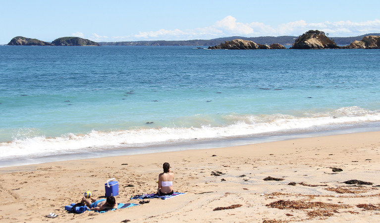 Two swimmers resting on North Head Beach in Murramarang National Park. Photo: John Yurasek/DPIE