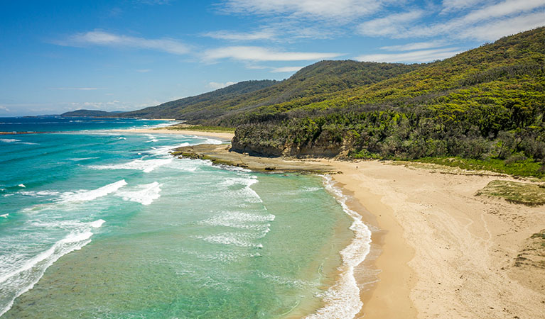 Aerial view of Pretty Beach, Murramarang National Park. Credit: John Spencer &copy; DPE