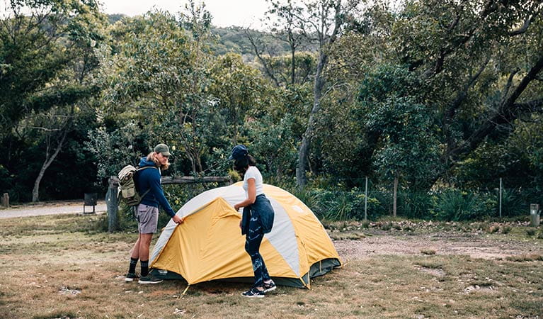 A couple outside their tent at Pretty Beach campground, Murramarang National Park. Photo: Melissa Findley/OEH.