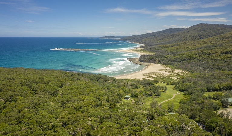 Aerial shot of Pretty Beach and picnic area in Murramarang National Park. Photo credit: John Spencer/DPIE