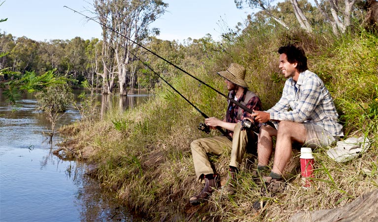 Two men fishing in Murray Valley National Park. Photo: David Finnegan/NSW Government