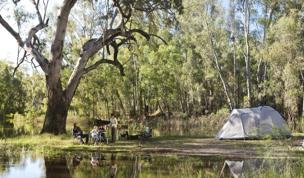 A group of campers sitting next to their tent by the river at Gulpa campgrounds in Murray Valley National Park. Photo: David Finnegan &copy; OEH