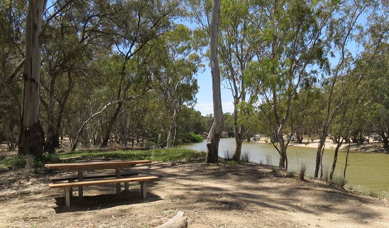 A timber picnic table beside the Edward River along Kolety walking tracks, Murray Valley Regional Park. Photo: Amanda Hipwell &copy; DPIE