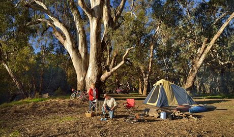 A group of campers sitting next to their tent at Millewa campgrounds in Murray Valley National Park. Photo: Gavin Hansford &copy; OEH
