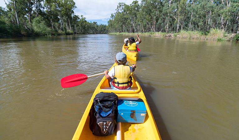 Family in canoes on the Murray River, Murray Valley National Park. Photo: B Ferguson/OEH 