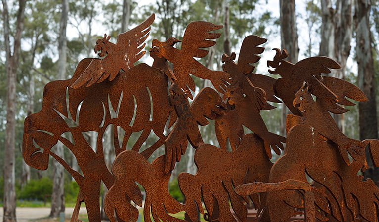 Close up of artist Geoff Hocking's steel sculpture depicting trees and cockatoos. Photo: Gavin Hansford/DPIE