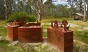 View of Geoff Hocking's 4 historical steel sculptures, with Edward River in the background. Photo: Gavin Hansford/DPIE
