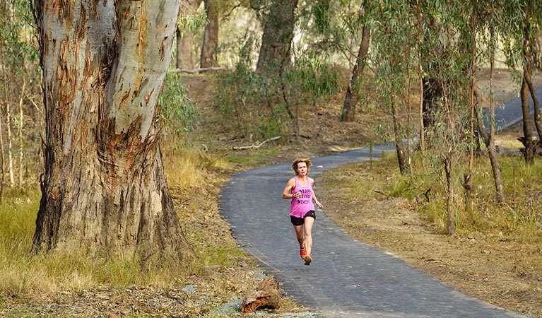 Visitor jogging in the Deniliquin area of Murray Valley Regional Park. Photo: Gavin Hansford/DPIE