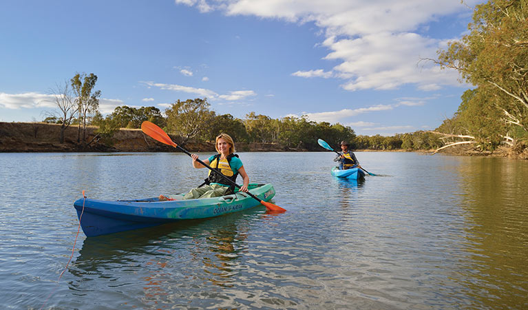 Kayaking on the Murray River near Benarca Forest in Murray Valley Regional Park. Photo: Photo credit: Gavin Hansford <HTML>&copy; DPIE