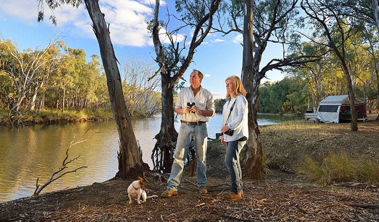 A couple and their dog next to the Murrumbidgee River with a tent in the background at Wooloondool campground, Murrumbidgee Valley Regional Park. Photo: Gavin Hansford &copy; DPIE