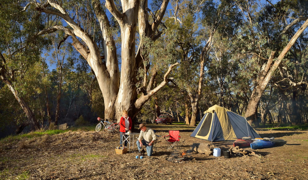 2 campers and river red gums in the distance, Murrumbidgee Valley Regional Park. Credit: Gavin Hansford &copy; DPE 
