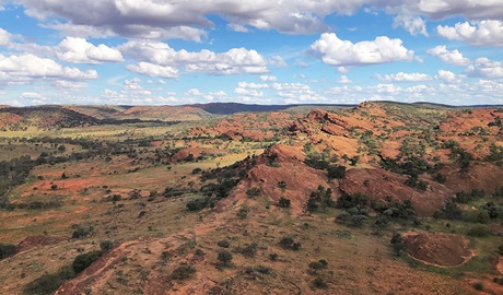 An aerial view of the outback landscape surrounding Split Rock walking track near Broken Hill. Credit: Kristy Lawrie &copy; DCCEEW