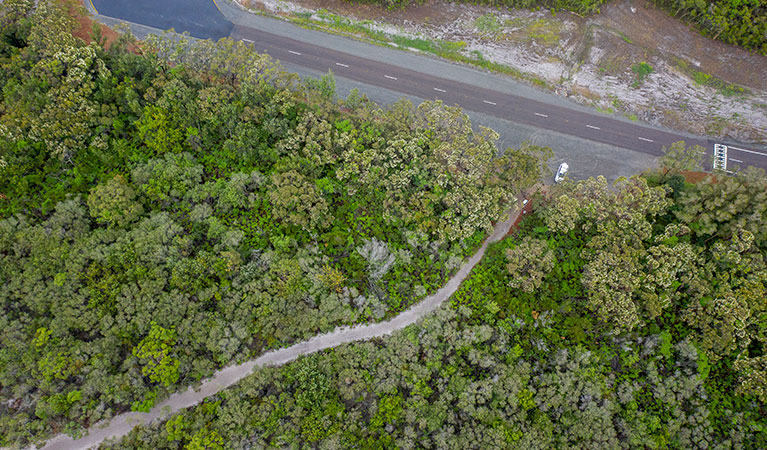 Aerial view of the start of Dark Point walking track on Mungo Brush Road in Myall Lakes National Park. Photo: John Spencer &copy; DPIE