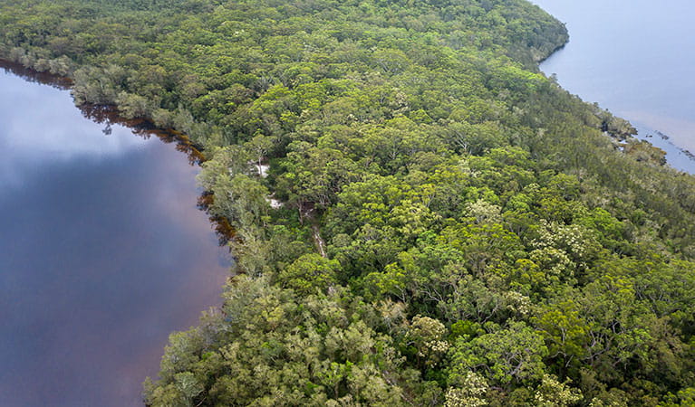 Aerial view of Freshwater campground between Two Mile Lake and neighbouring Boolambayte Lake. Photo: John Spencer &copy; DPIE