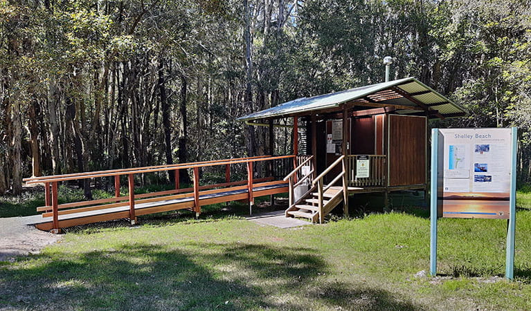The amenities building at Shelly Beach campground, with wheelchair-accessible ramp. Photo: David Morse &copy; DPIE