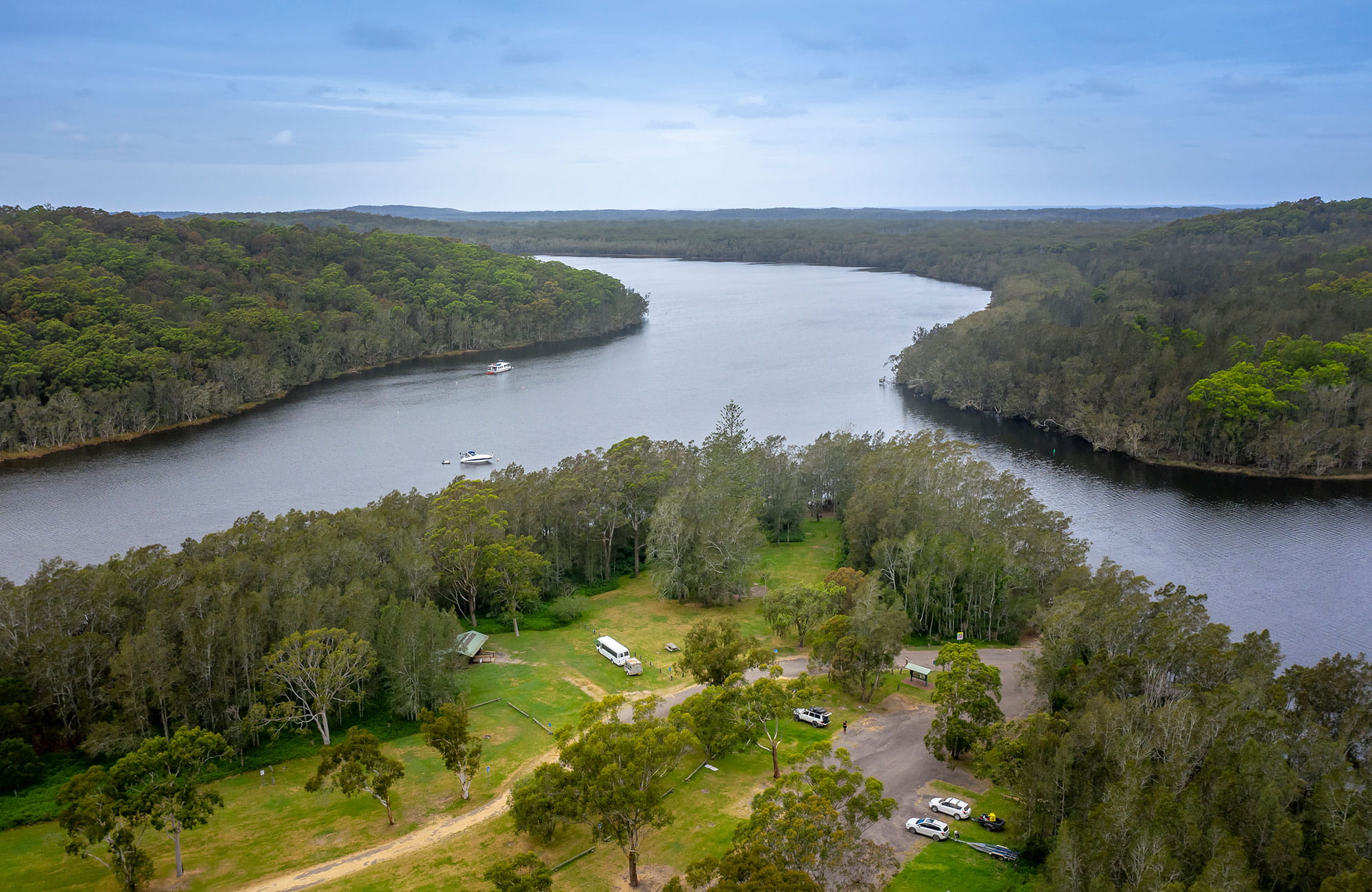 Aerial view of Violet Hill campground and picnic area and surrounding waterways in Myall Lakes National Park. Photo: John Spencer &copy; DPIE