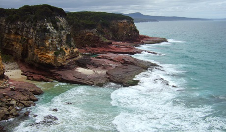 Aerial view of rugged coastline and red cliffs in Nadgee Nature Reserve. Photo: Tom Gray