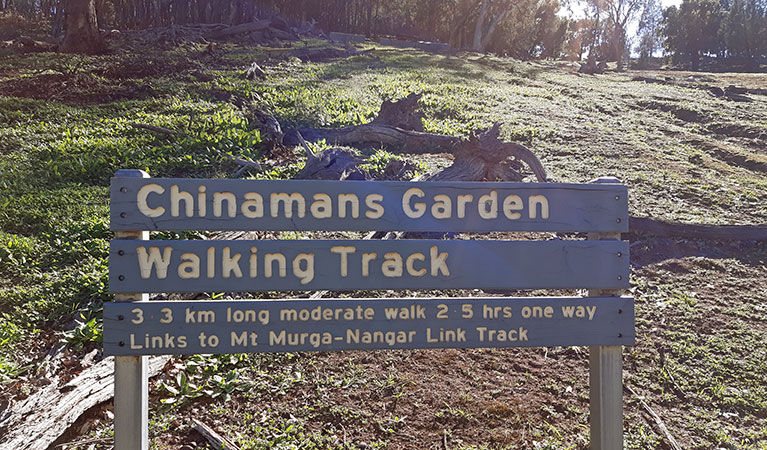 Park signage for Chinamans Garden walking track set on a grassy clearing with woodland in the background. Photo: Claire Davis &copy; DPIE