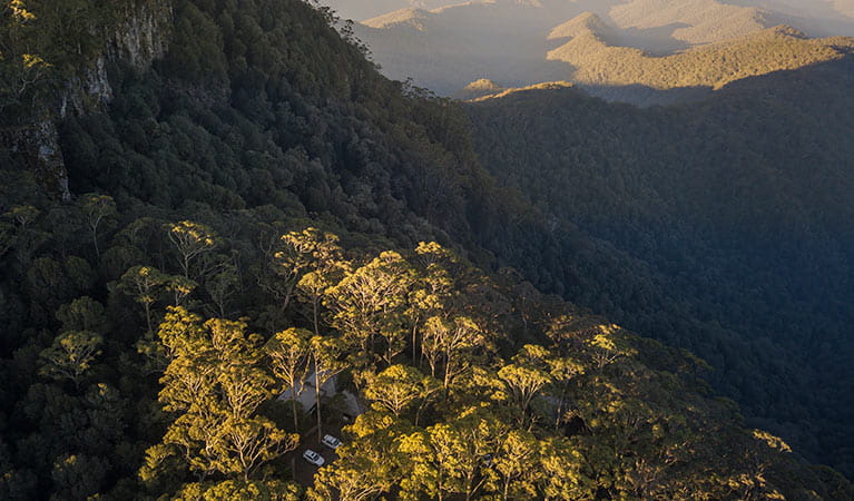 Aerial view of The Chalet positioned within the tall forest of New England National Park. Photo: John Spencer &copy; DPIE