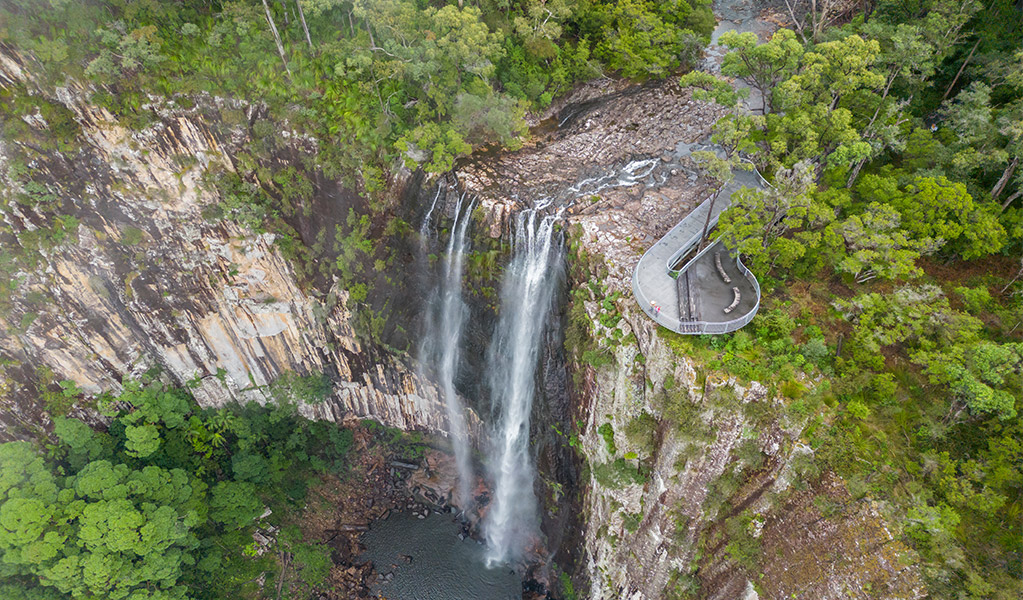 Aerial view of Minyon Falls and the lookout in Nightcap National Park. Credit: John Spencer &copy; DCCEEW