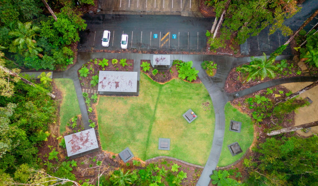 Aerial view of the picnic area and carpark at Minyon Falls. Credit: John Spencer &copy; DPE
