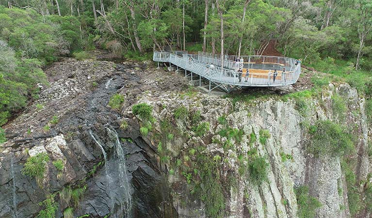 2 visitors to Minyon Falls, one in a wheelchair, look out over the falls from the accessible lookout. Photo: John Spencer &copy; DPE